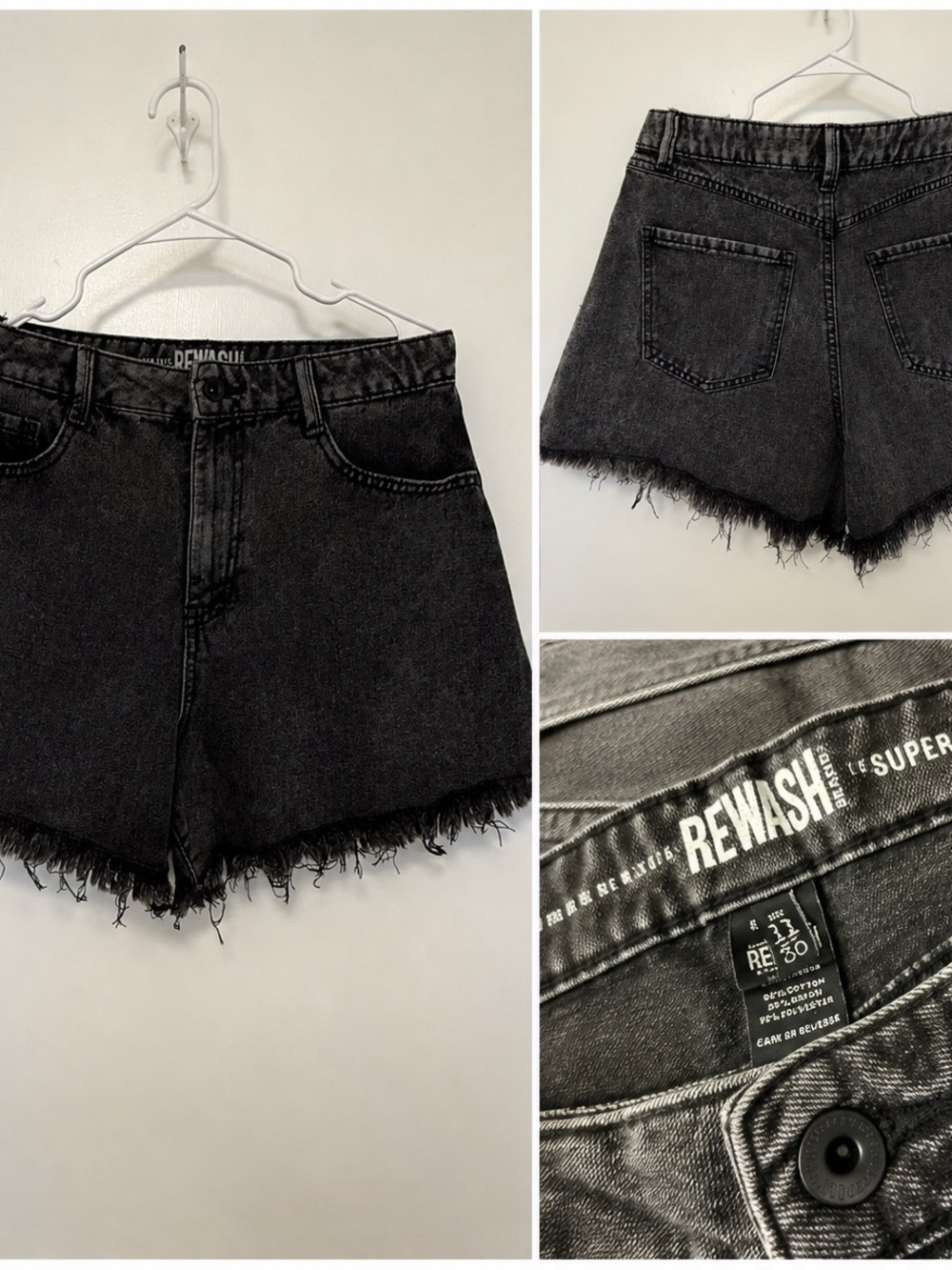 REWASH Super High Rise Black Denim Shorts Size 31 Raw Hem